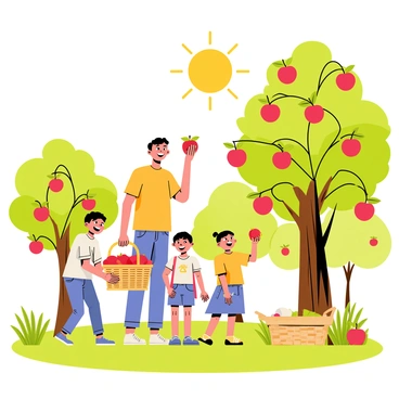 A family of four is picking apples in a sunlit orchard. The parents are smiling as they reach up to pluck red apples from the branches of a large apple tree. Two children, a boy and a girl, are laughing as they hold a woven basket filled with freshly picked apples. The sun shines brightly overhead, casting warm light across the scene, while green grass and colorful foliage surround them. The background features more apple trees laden with ripe fruit, creating a vibrant and plentiful atmosphere.
