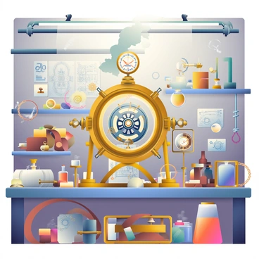 A steampunk workshop filled with intricate machinery is showcased. In the center, there is a bizarre invention with a large brass frame supported by numerous interconnected gears. Steam is billowing from various pipes, creating a misty atmosphere around the invention. The invention has multiple rotating components and glowing gauges displaying pressure levels. Surrounding it are various tools and materials, including leather straps, coils of copper wire, and glass vials filled with colorful liquids. The walls of the workshop are adorned with blueprints and sketches of other fantastical inventions. A warm, ambient light illuminates the scene, highlighting the textures of the metal and wood surfaces.
