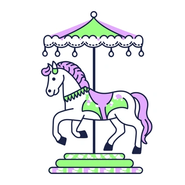 A vintage carousel horse stands proudly on a wooden base. The horse is adorned with intricate ornate decorations, featuring detailed carvings along its neck and body. Its mane is flowing, decorated with ribbons that sway gently. The saddle is embellished with colorful patterns and a decorative fringe. The carousel horse is positioned under an arched canopy, with hanging lights that illuminate its features. Surrounding the horse are soft, pastel-colored poles that support the carousel structure. The ground is covered with a checkered mat, enhancing the nostalgic feel of the scene.