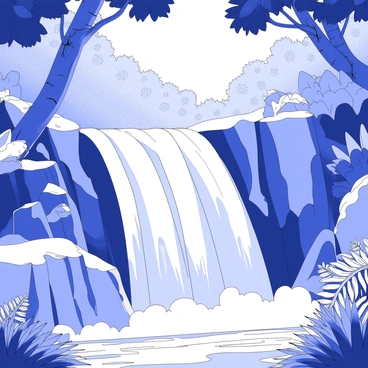 A cascading waterfall is flowing gracefully down a rocky cliff. The water creates a mist as it crashes into a pool below. Surrounding the waterfall, there are dense, leafy trees and a variety of plants, adding to the lushness of the rainforest. Vines hang down from the branches above, and ferns grow abundantly on the forest floor. Sunlight filters through the canopy, casting dappled light on the scene, highlighting the intricate details of the foliage.