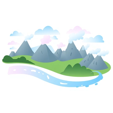 A series of volcanoes is extending in a curved line across the land. Each volcano has a distinct conical shape, with varying heights and lush green vegetation surrounding their bases. Erupting smoke and ash rise from the peaks of some of the volcanoes, while others are quiet, showcasing their rugged rocky surfaces. The landscape features a mixture of valleys and hills, with a river winding through the scene, reflecting the colors of the sky above. "Subduction" can be represented in the image through tectonic plates depicted as layers beneath the surface, subtly suggested in the background.