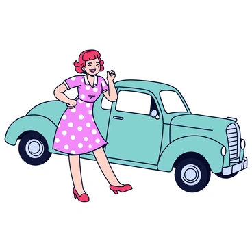A pin-up girl with a vibrant red rockabilly hairstyle styled in waves is posing next to a classic turquoise vintage car. She wears a polka dot dress with a fitted bodice and a flared skirt that reaches just above her knees. Her smile is bright and playful, adding to the cheerful atmosphere. The vintage car has gleaming chrome accents and a shiny finish, parked with its door open. The scene conveys a sense of fun and nostalgia.