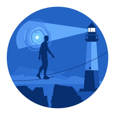 A tightrope walker silhouetted against the rotating beam of a lighthouse at night