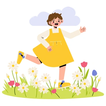 A child with brown hair wearing a bright yellow dress is running joyfully through a field filled with white daisies. The child's arms are outstretched, and a big smile is on their face. The daisies have yellow centers and fresh green leaves, creating a colorful contrast against the child's dress. The sky above is clear and blue, adding to the cheerful atmosphere of the scene. The field is dotted with various other vibrant blossoms, including red poppies and blue cornflowers, enhancing the lively feel of the image.