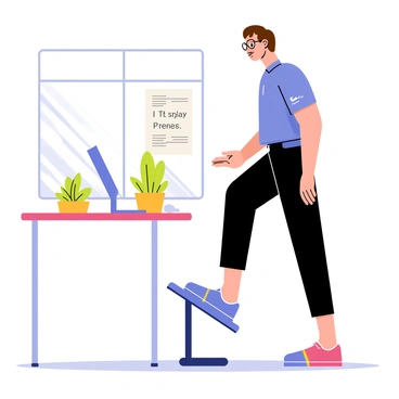 An office employee with short brown hair wearing glasses is positioned beside a standing desk. The desk has an attachment designed for exercise, specifically for performing hip thrusts. The employee is wearing a blue shirt and black pants, with one foot on the attachment platform while the other foot is firmly on the ground. The employee's expression shows focus as they perform the exercise. In the background, there are potted plants on the desk and a motivational poster on the wall, adding to the office atmosphere. Natural light from a nearby window illuminates the scene.