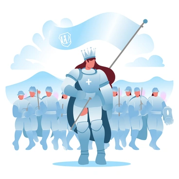 A queen in shining armor is standing confidently at the forefront of her troops. Her armor reflects the sunlight, creating a brilliant gleam that emphasizes her leadership. The troops behind her are arranged in formation, holding various weapons, ready for battle. The background features a distant landscape with hills under a clear blue sky. A banner with a royal emblem waves in the wind above the queen, symbolizing her authority. The atmosphere is filled with anticipation and determination as the troops prepare to advance.