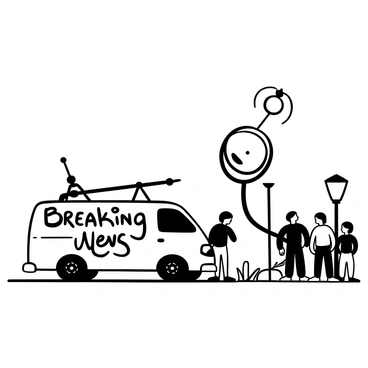 A news van is parked on a street with its antennas extended. The van has the words "Breaking News" printed on its side in bold lettering. A rolling cable is leading from the back of the van, connecting to a large satellite dish set up on the pavement. A small crowd of people is gathered nearby, observing the scene. Streetlights and parked cars are visible in the background, adding to the urban atmosphere.