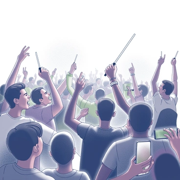 A large crowd of fans at a concert, with many holding light sticks raised above their heads. The fans are wearing colorful clothing and accessories, showing excitement and enthusiasm. In the foreground, some fans are cheering loudly, their faces filled with joy, while others are recording the performance on their smartphones. The stage is illuminated, with performers in dynamic poses, engaging with the audience. The overall atmosphere is energetic, with a sense of community among the fans.