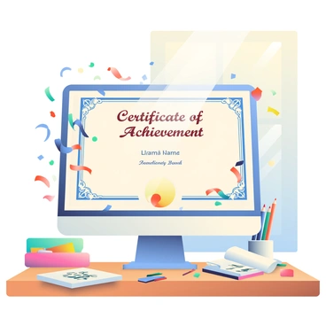 A computer is positioned on a wooden desk, displaying a digital illustration certificate on its screen. The certificate features "Certificate of Achievement" prominently in bold letters at the top. Below the title, there is a recipient's name written in elegant cursive. Around the edges of the certificate, intricate decorative borders add to its formal appearance. Colorful confetti is animated on the screen, cascading down in vibrant blues, reds, and yellows, creating a festive atmosphere. The desk is cluttered with art supplies, including colored pencils and a sketchbook, enhancing the creative environment. A soft, warm light filters through a nearby window, illuminating the scene.