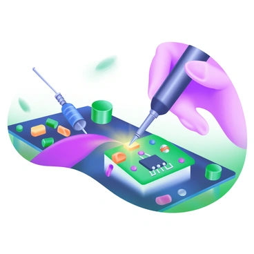 A close-up view of a hand holding a soldering iron, with a fine tip applying solder onto a circuit board. The circuit board features various colorful components, including resistors, capacitors, and microchips. Bright reflections of light can be seen on the solder and the metallic parts, emphasizing the conductivity process. The background is softly blurred, focusing attention on the intricate details of the components and the soldering action.
