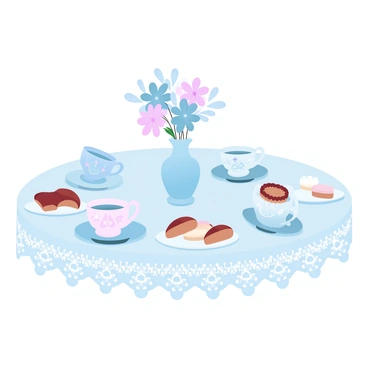 A table is adorned with a delicate tea party setup. Several teacups and saucers are arranged neatly, each displaying intricate floral patterns in various pastel colors. A lace tablecloth covers the table, adding an elegant touch. A vase filled with fresh flowers sits at the center, complementing the floral designs of the teacups. Small plates with assorted pastries are placed around the teacups, completing the inviting scene.