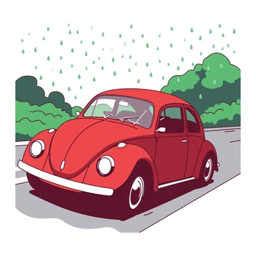 A red VW Beetle is driving through a gentle rain shower. The raindrops create a series of small splashes as they hit the road, and the surface is shiny, reflecting the vibrant color of the car. The background shows a blurred view of green trees and grey skies, while the headlights of the Beetle shine brightly, cutting through the misty atmosphere. The windshield wipers are in motion, creating a rhythmic movement as they clear the view for the driver.
