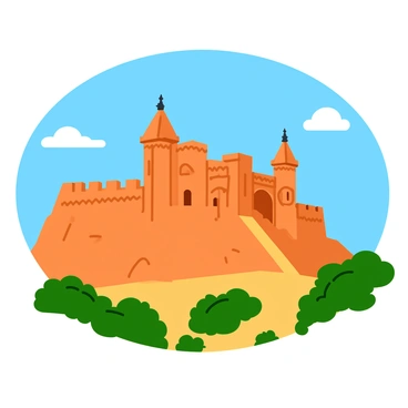 A large ancient Arabic castle made of sandstone, featuring intricate arches and geometric patterns on its walls. The castle is perched on a hill, with tall towers that have pointed roofs and decorative elements. A clear blue sky stretches above, enhancing the scene with bright sunlight illuminating the castle's structure. Some lush green trees are visible at the base of the hill, providing contrast to the warm tones of the castle.