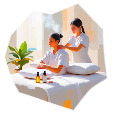 A person with medium skin tone is sitting comfortably in a softly lit room, wearing a light, loose-fitting shirt. They are receiving a shoulder massage, with a massage therapist positioned behind them, applying gentle pressure. The therapist has long dark hair tied back and is using scented oils, which are visible in a small glass bottle on a nearby table. The air is filled with a subtle haze, hinting at calming scents. Soft cushions are arranged around them, and a few plants are placed in the background, adding a touch of greenery to the serene atmosphere.