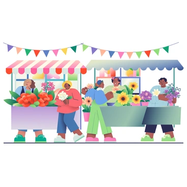 A bustling flower market filled with a variety of stalls displaying vibrant blooms in an array of colors. One stall features large bouquets of red roses, while another showcases yellow sunflowers with green leaves. Shoppers with diverse appearances and clothing styles are seen selecting flowers and interacting with the vendors. A woman with curly hair is holding a white bouquet, and a man in a blue shirt is examining a pot of purple orchids. Colorful banners hang overhead, fluttering gently in the breeze, enhancing the lively atmosphere of the market.