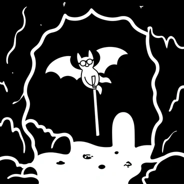 A bat wearing glasses flying through a dark cave with a guiding cane