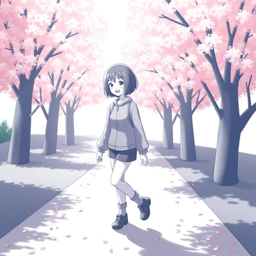 A character resembling Ichinose, with a bright and cheerful expression, stands in a park. The character has short hair styled in a lively manner and is wearing a casual, vibrant outfit. Surrounding the character, there are numerous cherry blossom trees in full bloom, with branches adorned with delicate blossoms. The ground is scattered with fallen petals, creating a soft blanket of pink. Sunlight filters through the branches, casting a dappled light pattern on the path where the character stands. The atmosphere is lively, with hints of grass and foliage in the background.