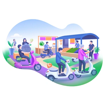 A bustling marketplace scene with people riding and parking their electric scooters