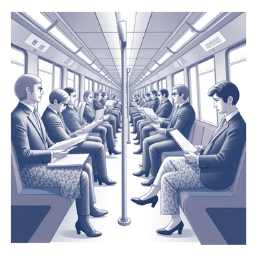 An underground subway train is in motion, with a focus on the interior filled with passengers. Each person is dressed in retro work attire typical of the 1970s. Some men are wearing wide lapel suits with patterned ties, while women sport polyester dresses with bold patterns and heeled shoes. The seating area shows a mix of fabric patterns and textures, and overhead, the fluorescent lights cast a stark glow on the scene. Passengers are standing and holding onto metal poles while others are seated, absorbed in newspapers or engaged in quiet conversations. The atmosphere is bustling, capturing the essence of a typical morning commute during that era.