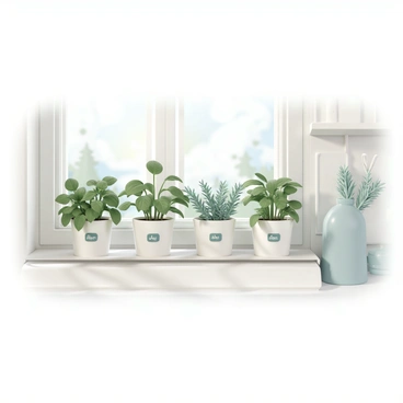A small indoor herb garden placed on a kitchen windowsill. The garden includes several pots with vibrant green plants. There are multiple basil plants with broad leaves, a few mint plants with serrated edges, and several rosemary plants with slender, needle-like leaves. Sunlight streams through the window, casting soft shadows on the countertop. Small labels in each pot indicate the type of herb. The background features a light-colored kitchen setting with subtle details like a dish rack and kitchen utensils.