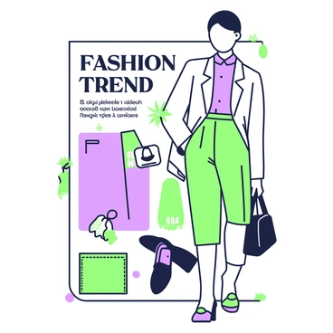 A glossy printed page is displaying the latest fashion trends. The page features a full-body model wearing a stylish outfit, which includes a tailored jacket and fitted trousers. The model stands confidently against a minimalistic backdrop, drawing attention to the intricate details of the clothing. Next to the model, there is a selection of accessories, including a handbag and a pair of shoes, artistically arranged to complement the outfit. Captivating text overlays in a fashionable font highlight key trends, and there are small images of other clothing pieces and textures scattered around the page.