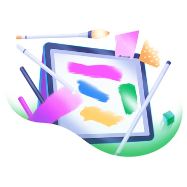 A modern pastel illustration showcasing a collection of custom brushes and textures arranged on a digital tablet. The tablet displays a vibrant canvas with various brush strokes in shades of pink, blue, and yellow. Surrounding the tablet are several individual brushes, each with unique bristle shapes and colors, and swatches displaying different textures, including smooth, rough, and dotted patterns. The composition includes a stylus laying beside the tablet, emphasizing the creative tools available for artists.