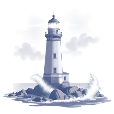 A tall lighthouse standing on a rocky coastline. The structure features a circular tower with a lantern room at the top, emitting a bright beam of light that cuts through the darkness. The surrounding sea is depicted with choppy waves, splashing against the rocks at the base of the lighthouse. The sky above is filled with swirling clouds, adding to the sense of turbulence. The lighthouse stands firm and resolute against the elements, representing a beacon of guidance and hope in a chaotic environment.