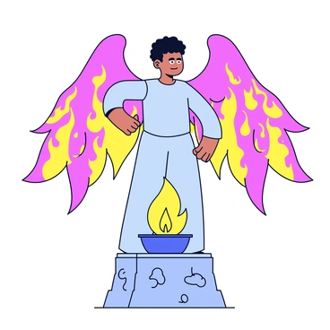 A guardian figure stands tall and strong with enormous wings made of vibrant flames. The wings are spread wide, each feather resembling a flickering tongue of fire. The guardian has a serious expression, embodying strength and vigilance. Below, a small sacred flame burns steadily on a pedestal made of stone. The flame is bright and radiates a warm glow, surrounded by small, intricate designs etched into the stone. The scene is filled with an atmosphere of protection and reverence.