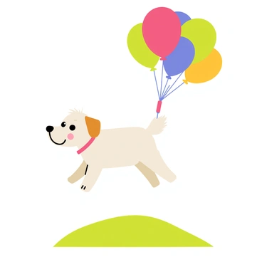 A cute dog with fluffy white fur is floating upwards, lifted by a bundle of bright, colorful balloons tied to its collar. The balloons are in various shapes and sizes, featuring vibrant colors like red, blue, green, and yellow. The dog's ears are flopping as it rises, and its eyes are wide with excitement. Below, a soft green grass landscape can be seen, adding a cheerful contrast to the scene. The sky is clear and blue, enhancing the feeling of a joyful adventure.