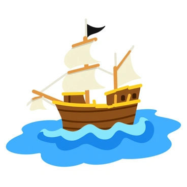 A pirate ship constructed entirely from matchsticks, featuring detailed wooden textures and a flag fluttering from the mast. The ship is positioned in the middle of a sea made from flowing blue fabric, creating gentle waves. The scene captures the ship tilted slightly to one side, as if caught by a breeze. Sunlight glimmers off the fabric water, enhancing the vibrant blue tones.