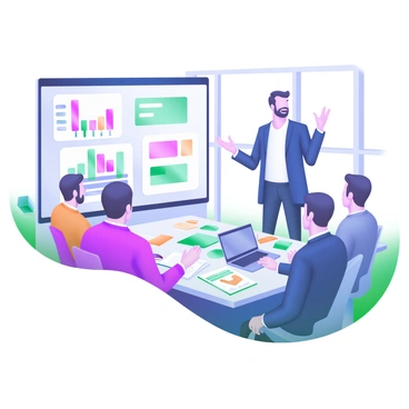 A modern pastel illustration depicting an entrepreneur standing confidently in front of a group of potential private equity investors. The entrepreneur is gesturing animatedly, with visual aids displayed on a screen behind them, showing graphs and charts. The conference room is bright, featuring large windows that allow natural light to filter in. The investors are seated around a rectangular table, attentively listening and taking notes. Various business documents and a laptop are scattered across the table, adding to the professional atmosphere.