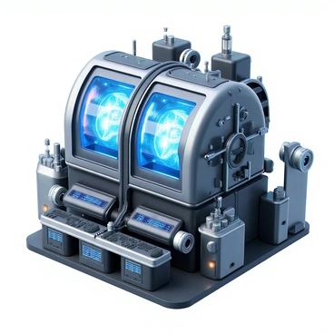 A futuristic fusion reactor designed to harness the energy from hydrogen isotopes. The reactor features a sleek, metallic exterior with a glossy finish, reflecting high-tech advancements. It is shaped like a large, cylindrical chamber adorned with intricate circuitry and glowing blue panels. Inside, swirling plasma can be seen, illuminating the interior with vibrant shades of blue and white, suggesting intense energy generation. Surrounding the reactor, various control panels equipped with digital displays and buttons indicate real-time monitoring and adjustments. The environment is filled with futuristic machinery and a faint haze, emphasizing the advanced technology at work.