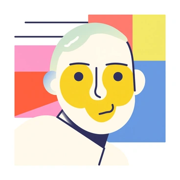 A portrait of a person with a smooth face and prominent features is depicted using minimal lines. The face is filled with bright color blocks, including bold shades of yellow, red, and blue. The eyes are represented as simple black dots, with the eyebrows and mouth drawn with thin, sweeping lines. The background features a mix of vibrant colors that complement the facial features, creating a striking contrast. The composition emphasizes the harmony between the lines and the blocks of color, drawing attention to the unique character of the portrait.