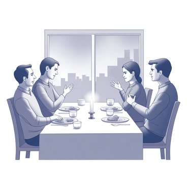 A family dinner table is set for a meal, with plates, utensils, and a lit candle in the center. Four adults are seated around the table, their expressions reflecting intense engagement in the conversation. One person is gesturing emphatically, while another leans forward, listening intently. A third individual has a furrowed brow, indicating concern, and the fourth appears contemplative. In the background, a large window reveals the nighttime outside, casting shadows across the room. On the table, a half-eaten meal remains, with dishes and drinks scattered around, suggesting the discussion has captivated them for some time.