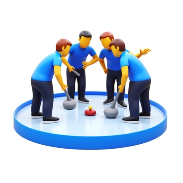 A curling team wearing matching uniforms is huddled together on an ice rink. The team members are leaning in closely, with a serious expression as they discuss their strategy. One player is gesturing with an ice broom in hand, while another is holding a stone, analyzing its placement on the rink. The scene captures the elements of teamwork and strategy in the sport of curling.