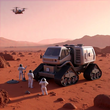 A detailed scene of an expedition on Mars, featuring a rugged terrain with reddish sand and rocky formations. In the foreground, there is a large exploration vehicle equipped with a complex gear train system visible along its sides. The vehicle is designed for traversing the uneven Martian surface, showcasing deep treads and powerful wheels. Astronauts in full space suits, with reflective visors, are seen examining soil samples and monitoring instruments near the vehicle. In the background, a vast Martian landscape stretches into the horizon, under a pinkish sky illuminated by distant stars. A small robotic drone hovers above, capturing data from the surroundings.