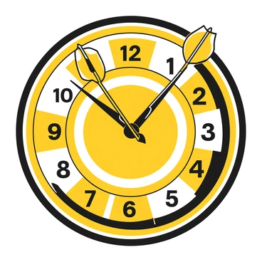 A wall clock designed to resemble a dartboard, featuring a circular face with a dartboard pattern displayed prominently. The clock hands are styled as darts, appearing to rotate around the board as time passes. The numbers are arranged in a traditional clock layout, marked in a clear, bold font. A set of three darts, detailed with fins and sharp tips, are positioned at various points around the clock face, giving the illusion of movement. The overall design incorporates a sleek, modern finish.
