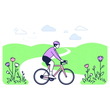 A cyclist is riding along a country road. The cyclist is wearing a helmet and a fitted jersey, with a colorful bicycle beneath them. On both sides of the road, there are wildflowers in various shapes and sizes, creating a vibrant display. Above, the sky is clear and there are a few fluffy clouds scattered throughout. The road is winding gently through the countryside, leading the cyclist toward the horizon. In the distance, rolling hills are visible under the expansive sky.