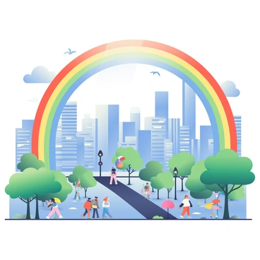A vibrant rainbow with seven distinct colors is arching gracefully over a bustling city skyline. The skyline features a mix of tall skyscrapers made of glass and steel, reflecting the sunlight that breaks through the remaining clouds. Below the rainbow, the streets are wet from a recent rainstorm, with small puddles glistening on the asphalt. Several people are walking on the sidewalks, some holding colorful umbrellas. Green trees line the streets, their leaves glistening with raindrops, while a few birds can be seen flying in the clear blue sky.