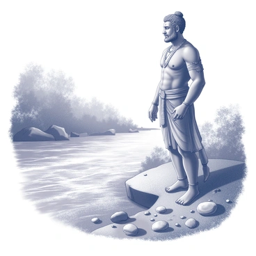 A figure of Mahabali stands by a flowing river. He is depicted with a robust and regal posture, wearing traditional attire. His gaze is focused on the water as it moves gracefully, creating ripples along the surface. The sunlight reflects off the water, creating a sparkling effect that emphasizes the fluid motion. The riverbank is adorned with lush greenery, provide a natural frame for the scene. Various pebbles and stones are scattered along the edges of the river, adding texture to the environment.