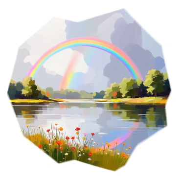 A vivid rainbow arching over a serene lake after a summer rainstorm creates a striking visual effect. The sky is filled with soft, fluffy clouds that still carry a hint of moisture. Below, the lake reflects the vibrant colors of the rainbow, creating a mirrored effect. The surrounding landscape features lush green trees and grasses, glistening from the rain. Gentle ripples disturb the surface of the lake, enhancing the tranquility of the scene. The foreground includes a few wildflowers, adding splashes of color to the natural setting.