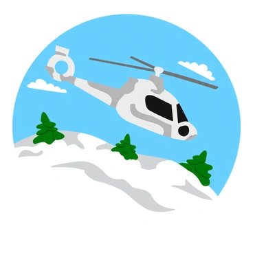 An NH90 helicopter with a winter camouflage pattern featuring light gray and white tones is flying over a snowy landscape. The helicopter is angled slightly downward, showcasing its rotor blades spinning rapidly. Below, the snowy terrain is covered in a thick blanket of snow, with patches of evergreen trees peeking through. A clear blue sky with a few wispy clouds is visible in the background, providing a stark contrast to the white landscape.