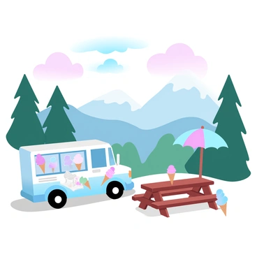 An ice cream truck is parked at a mountain lookout point. The truck is brightly colored with vibrant graphics of ice cream cones and popsicles. Surrounding the truck are tall pine trees and rugged mountain peaks in the distance. The sky above displays a gradient of pastel colors, transitioning from soft pink to gentle blue, creating a tranquil atmosphere. In the foreground, a wooden picnic table with colorful umbrellas provides a resting spot for visitors. Several ice cream cones, in various flavors, are placed on the table, inviting and refreshing.