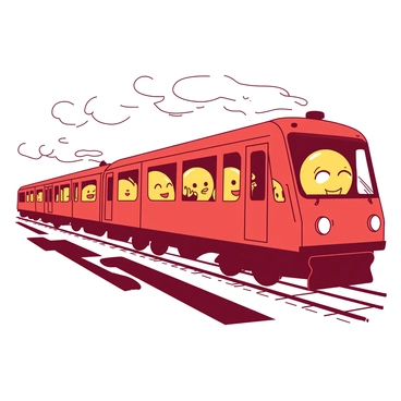 A red train is moving swiftly along its tracks, filled with giant yellow emojis peeking out from the windows. Each emoji has a distinct expression, showcasing a variety of emotions like happiness, surprise, and love. The train is emitting slight clouds of steam, emphasizing its speed. The background features a blurred landscape, indicating rapid movement and the essence of fast-paced digital communication.