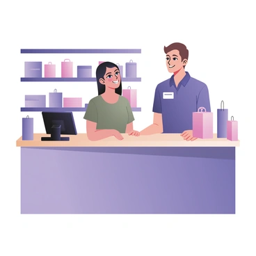 A friendly customer service representative is standing behind a sleek, modern checkout counter in a retail store. The representative has light skin, short brown hair, and is wearing a blue polo shirt with a name tag. They are smiling as they interact with a customer, who has medium skin, long black hair, and is wearing a casual green t-shirt. The customer is leaning slightly forward, looking engaged in the conversation. In the background, there are neatly arranged shelves displaying various products, including clothing and accessories, adding to the retail environment. A few shopping bags are visible on the countertop, indicating a busy store atmosphere.