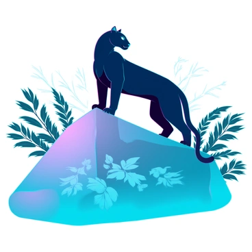 A sleek black panther with glossy fur and piercing green eyes is standing majestically on a large, smooth, mirror-like rock. The panther's muscular body is poised gracefully as it gazes at its own reflection in the shimmering surface of the rock. The reflection captures the panther's powerful stance and striking features in perfect clarity, mirroring the surrounding lush, tropical foliage. Sunlight filters through the canopy above, casting dappled shadows on the rock and illuminating the panther's fur with subtle highlights.