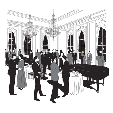 An elegant ballroom is filled with diplomats from various countries mingling. The room features tall, ornate chandeliers hanging from the ceiling, casting soft light over the scene. Diplomats in formal attire, including tailored suits and elegant gowns, converse and shake hands. Some diplomats are engaged in deep discussions, while others are laughing and enjoying the atmosphere. The walls are adorned with intricate moldings, and large windows let in glimpses of a moonlit night outside. A grand piano is located in one corner, with a musician playing soft melodies. Tables are set with fine linens and sparkling glasses, adding to the sophistication of the event.