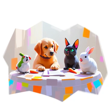 A playful scene depicting a group of four pets sitting around a small table. A fluffy golden retriever with a wagging tail is looking curiously at a tiny questionnaire placed in front of him. Next to the retriever, a sleek black cat with bright green eyes is pawing at its own questionnaire, appearing intrigued. At the opposite end of the table, a curious rabbit with soft, white fur is nibbling on a carrot while glancing at the questionnaire beside it. Meanwhile, a small parrot perched on the edge of the table is squawking, as if trying to participate in the fun. The setting is lively, with colorful decorations around the table, creating a cheerful atmosphere.