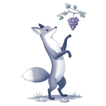 A cunning fox standing on its hind legs. Its body is slender and agile, with a bushy tail curling behind it. The fox's bright eyes are focused on a bunch of grapes. The grapes are hanging just out of reach, suspended from a thick vine that extends overhead. The vine has multiple green leaves, adding detail to the scene. The ground beneath the fox is uneven, with patches of grass and small stones scattered around. The fox is poised, balancing on its hind legs, with its front paws reaching upwards towards the grapes.