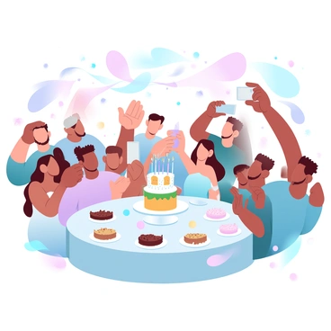 A birthday party scene is set with colorful decorations, including balloons and streamers hanging from the ceiling. In the center, a large table is adorned with a vibrant birthday cake surrounded by plates of treats and drinks. Several guests are gathered around, holding a variety of handheld cameras and smartphones, capturing moments from the celebration. Some guests are posing for selfies, while others are enthusiastically taking group photos. The atmosphere is lively, with laughter and excitement filling the air as everyone enjoys the festivities.